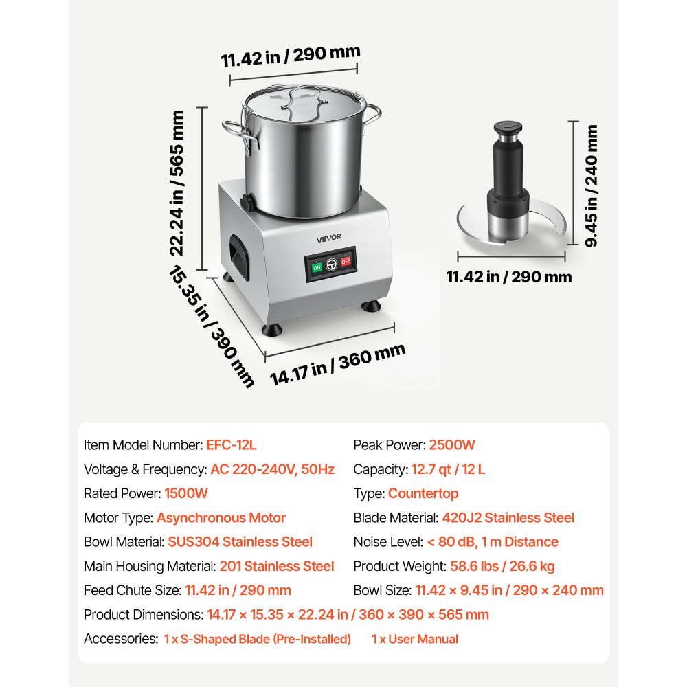 VEVOR Food Processor 12 L Commercial Electric Vegetable Chopper Cutter 1500W, for Chopping Vegetables Fruit Grains Nuts Cheese, Food-Grade Stainless Steel Bowl, with S-Shaped Blade, Pure Copper Motor