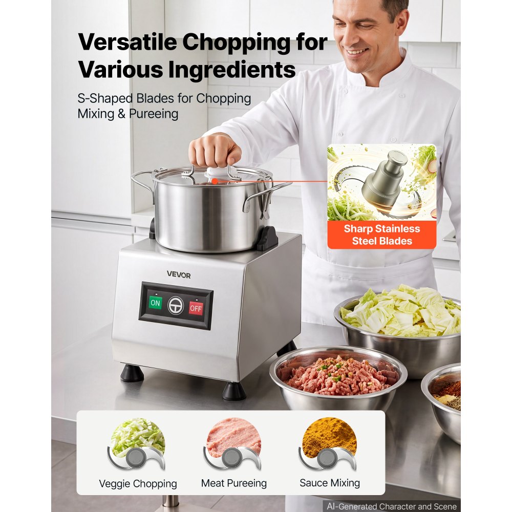 VEVOR Food Processor 8 L Commercial Electric Vegetable Chopper Cutter 1100W, for Chopping Vegetables Fruit Grains Nuts Cheese, Food-Grade Stainless Steel Bowl, with S-Shaped Blade, Pure Copper Motor