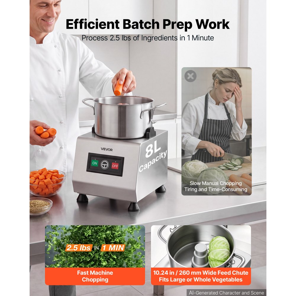 VEVOR Food Processor 8 L Commercial Electric Vegetable Chopper Cutter 1100W, for Chopping Vegetables Fruit Grains Nuts Cheese, Food-Grade Stainless Steel Bowl, with S-Shaped Blade, Pure Copper Motor