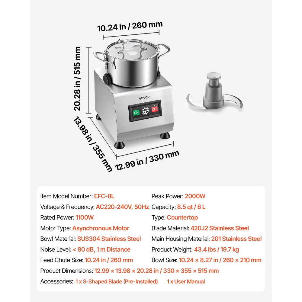 VEVOR Food Processor 8 L Commercial Electric Vegetable Chopper Cutter 1100W, for Chopping Vegetables Fruit Grains Nuts Cheese, Food-Grade Stainless Steel Bowl, with S-Shaped Blade, Pure Copper Motor