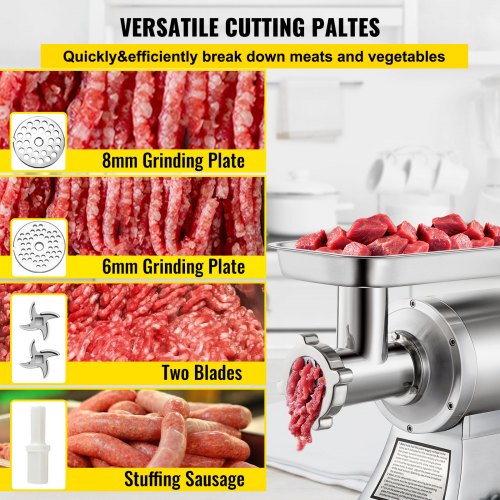 VEVOR 750W Commercial Meat Grinder 550Lbs/hour Sausage Stuffer Maker 190 PRM with Stainless Steel Home Kitchen Tool 5 Plates and 2 Cutting Knives, 1 HP, 110V, Sliver