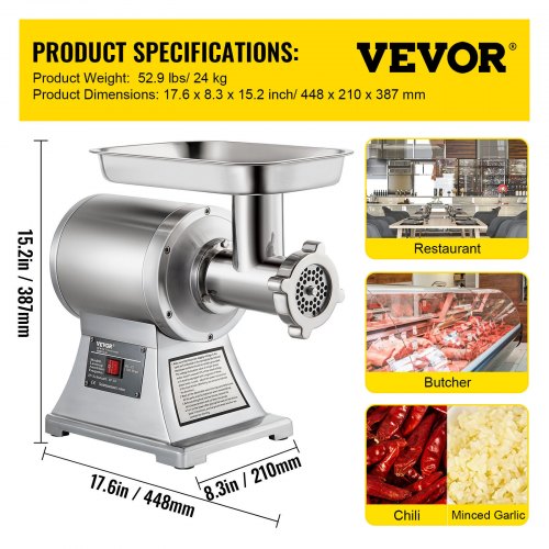 VEVOR 750W Commercial Meat Grinder 550Lbs/hour Sausage Stuffer Maker 190 PRM with Stainless Steel Home Kitchen Tool 5 Plates and 2 Cutting Knives, 1 HP, 110V, Sliver
