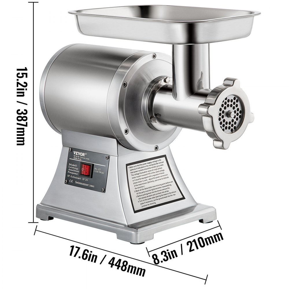 VEVOR Commercial Meat Mincer 1100W Electric Meat Grinder 1.5HP 550lbs/H Stainless Steel Meat Grinder Commercial Sausage Stuffer Maker for Industrial and Home Use