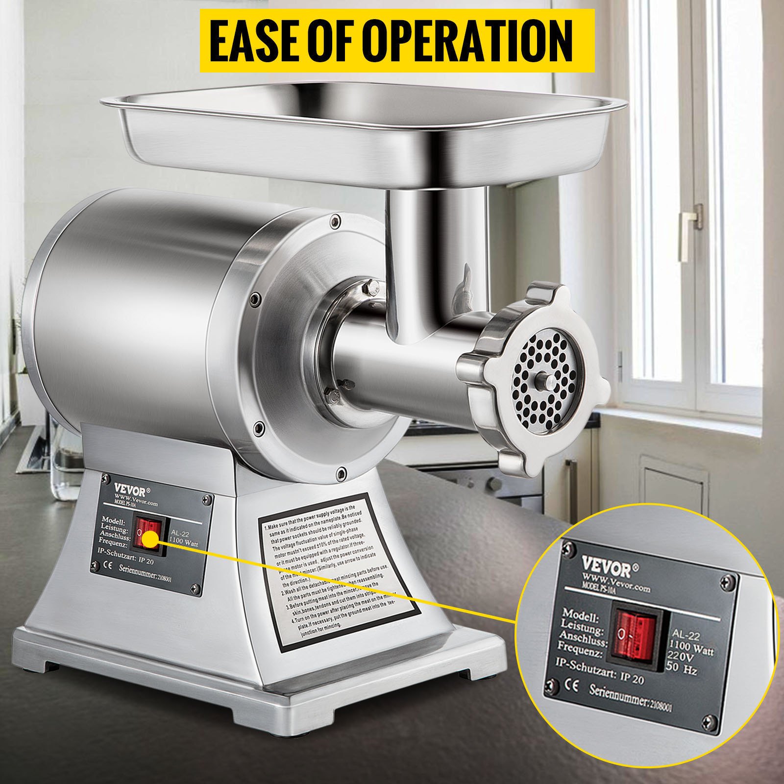 VEVOR Commercial Meat Mincer 1100W Electric Meat Grinder 1.5HP 550lbs/H Stainless Steel Meat Grinder Commercial Sausage Stuffer Maker for Industrial and Home Use