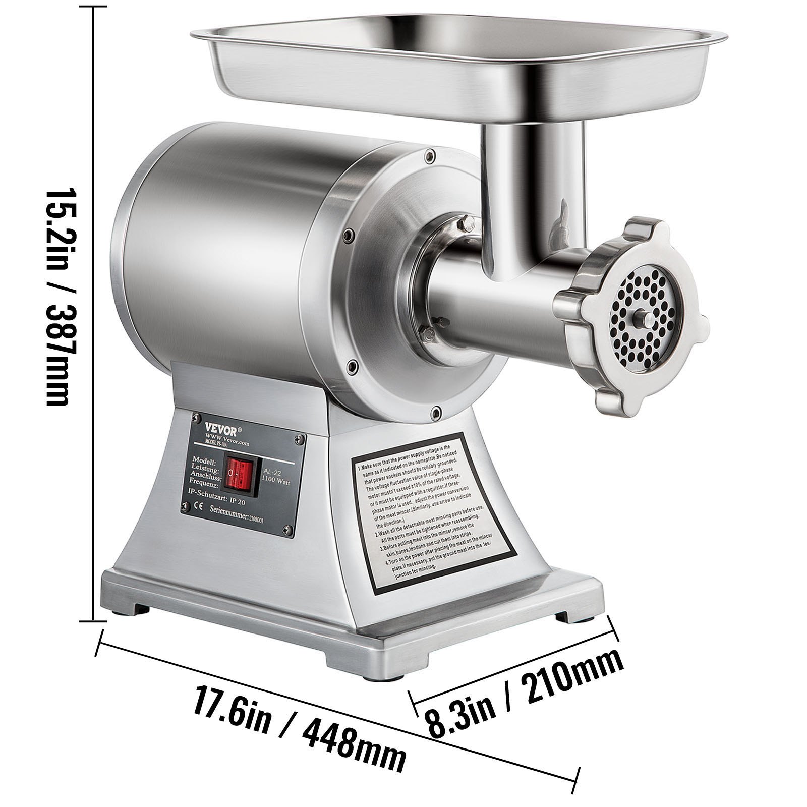 VEVOR Commercial Meat Mincer 1100W Electric Meat Grinder 1.5HP 550lbs/H Stainless Steel Meat Grinder Commercial Sausage Stuffer Maker for Industrial and Home Use