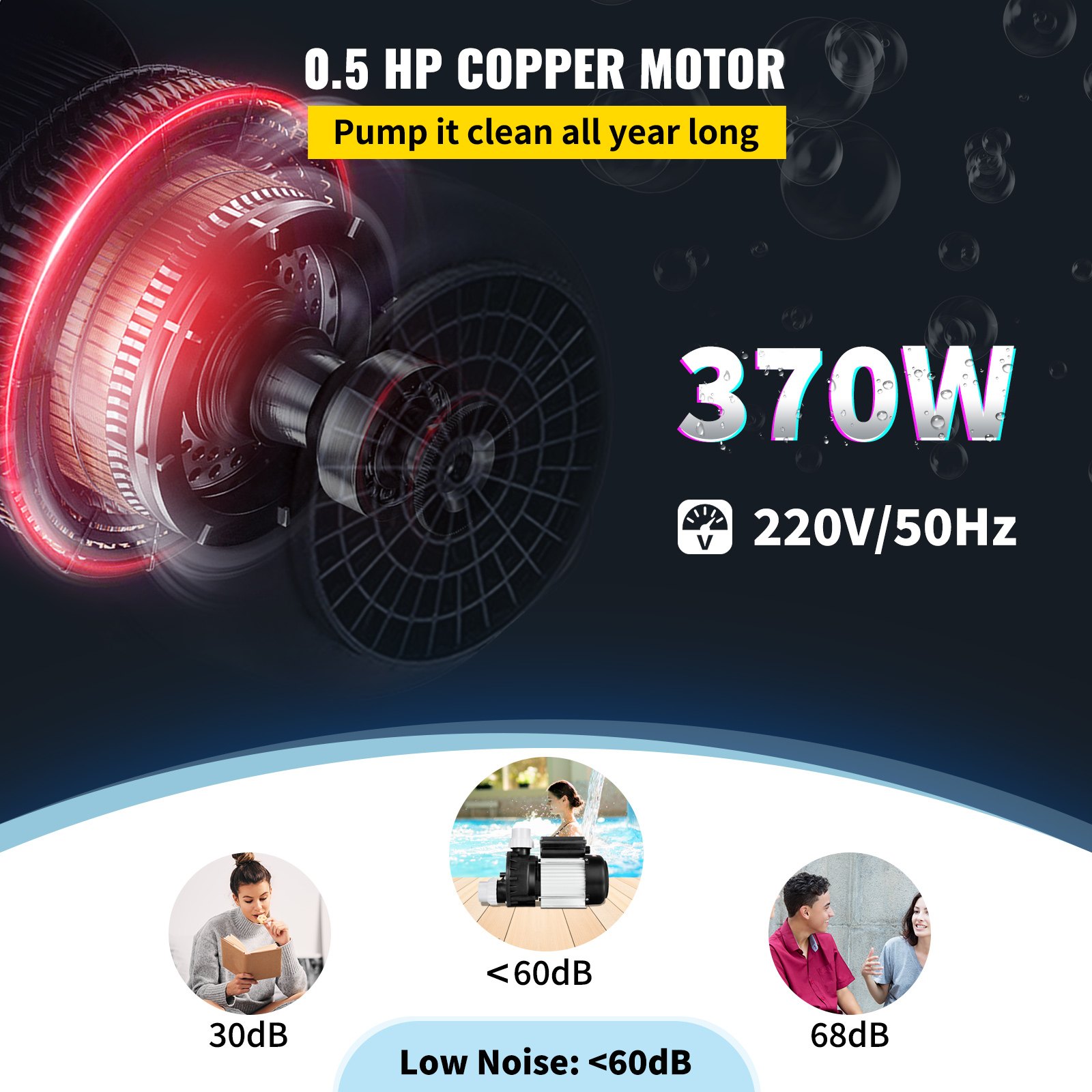 VEVOR Spa Pump Hot Tub Pump 0.5 HP 370W Single Speed Water Circulation Pump 220V