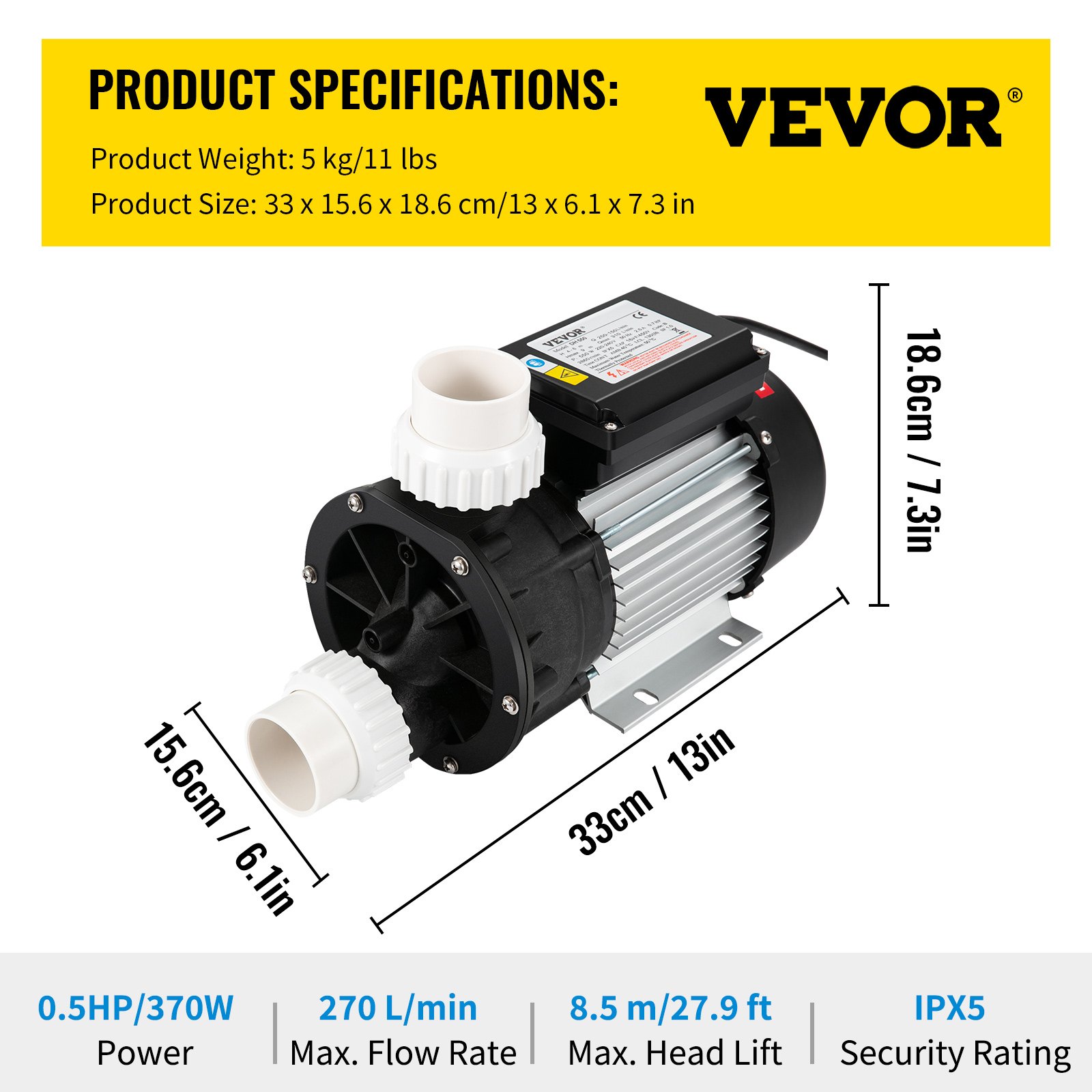 VEVOR Spa Pump Hot Tub Pump 0.5 HP 370W Single Speed Water Circulation Pump 220V