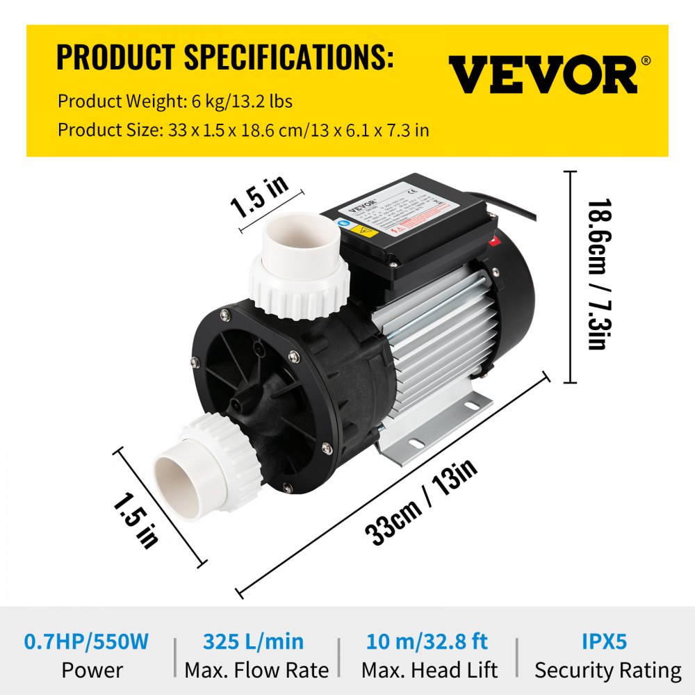 VEVOR Spa Pump Hot Tub Pump 0.7 HP 550W Single Speed Water Circulation Pump 220V