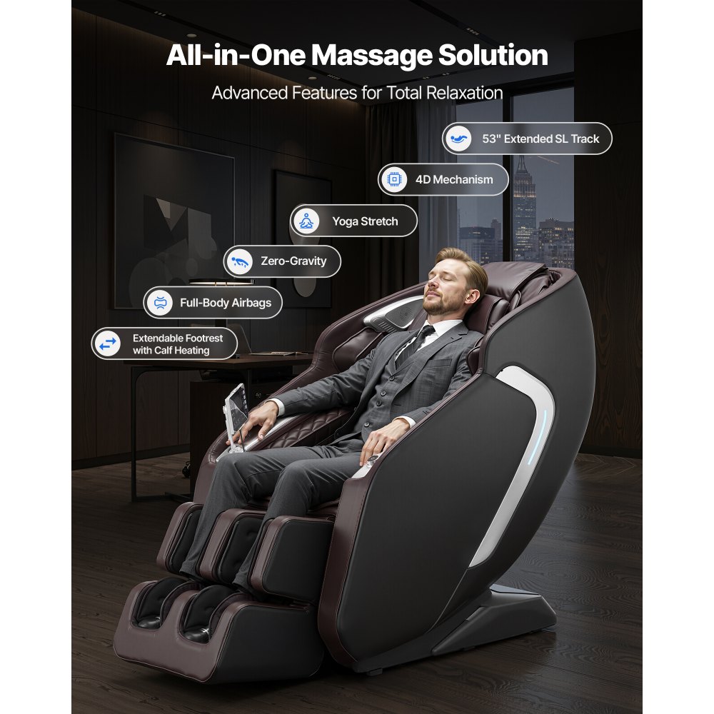 VEVOR Massage Chair,  4D Full Body Zero Gravity Recliner with SL Track, Yoga Stretch, AI Voice Control, Heat, Foot Roller, Retractable Pedal, 36 Airbags, LCD, Armrest Controls, Rolling Base