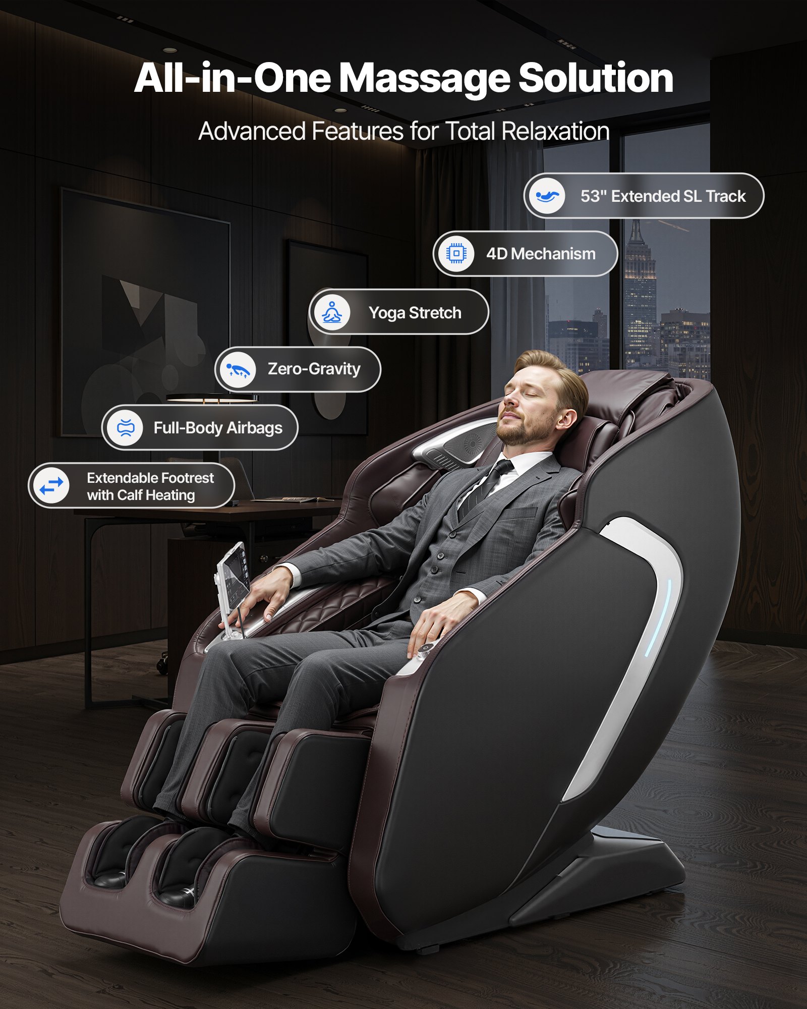 VEVOR Massage Chair,  4D Full Body Zero Gravity Recliner with SL Track, Yoga Stretch, AI Voice Control, Heat, Foot Roller, Retractable Pedal, 36 Airbags, LCD, Armrest Controls, Rolling Base