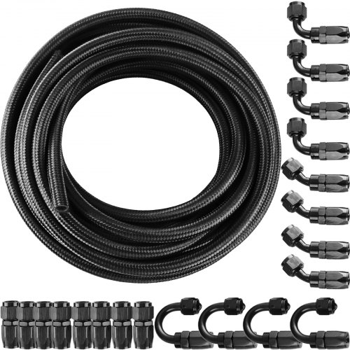 VEVOR 6AN 32.8FT Stainless Steel Nylon Braided Oil Gas Fuel Line Hose 10M BK + 20 PCS Aluminum Hose End Fitting Adapter Kit Fuel Line Kit 1000 psi (AN6)