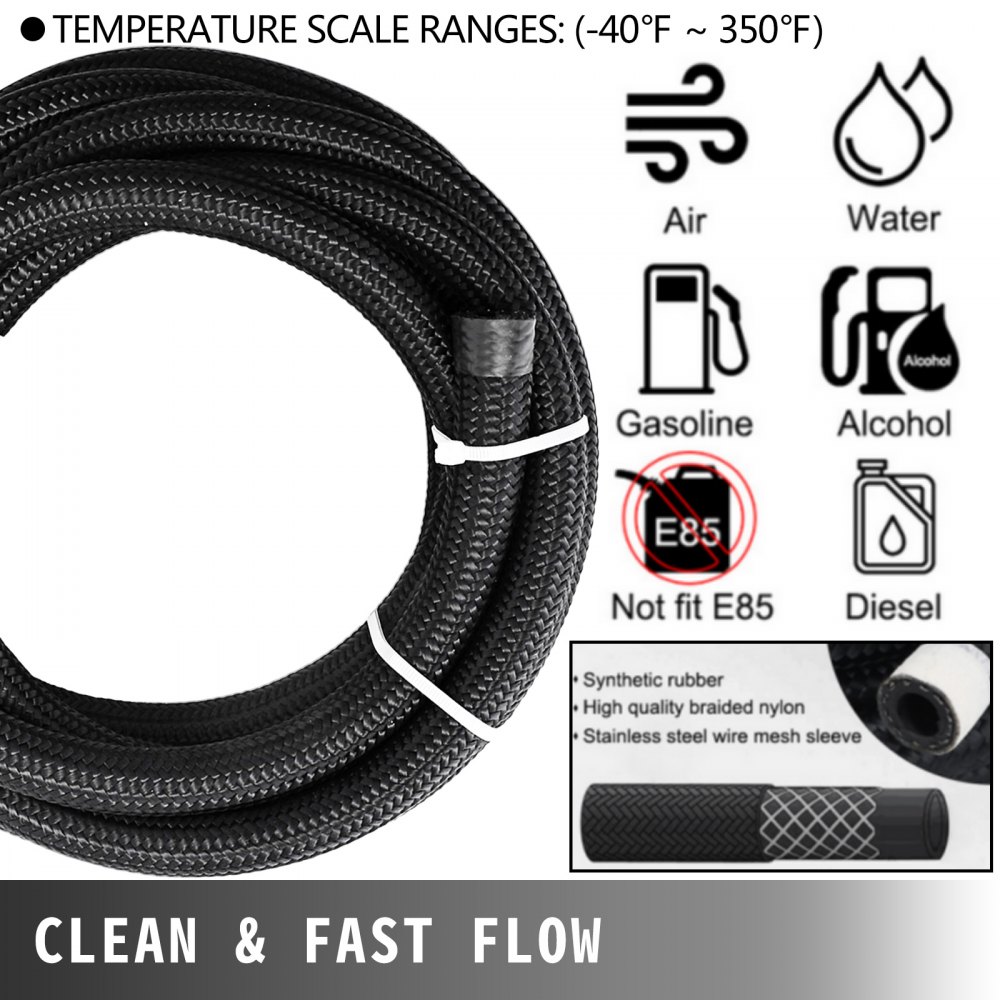 VEVOR 8AN Fuel Line Kit, 32.8' Nylon Stainless Steel Braided Oil Line Hose ID. 11.11 mm/ 0.44 in, with 20 pcs 8AN Universal Fitting Adapter Set with Aluminum Hose End, Black