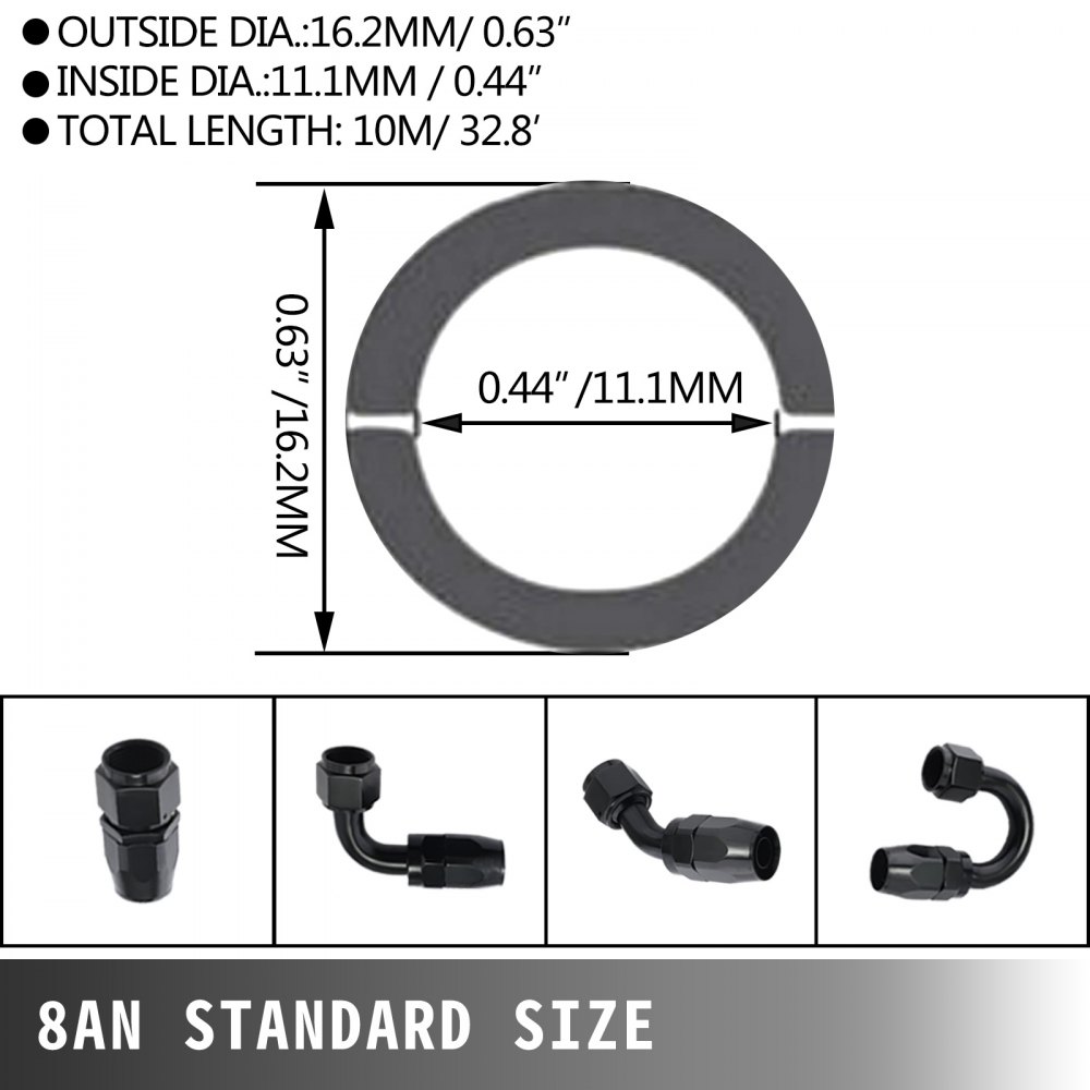 VEVOR 8AN Fuel Line Kit, 32.8' Nylon Stainless Steel Braided Oil Line Hose ID. 11.11 mm/ 0.44 in, with 20 pcs 8AN Universal Fitting Adapter Set with Aluminum Hose End, Black