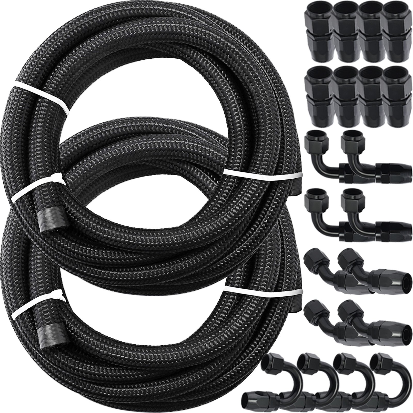 VEVOR 8AN Fuel Line Kit, 32.8' Nylon Stainless Steel Braided Oil Line Hose ID. 11.11 mm/ 0.44 in, with 20 pcs 8AN Universal Fitting Adapter Set with Aluminum Hose End, Black