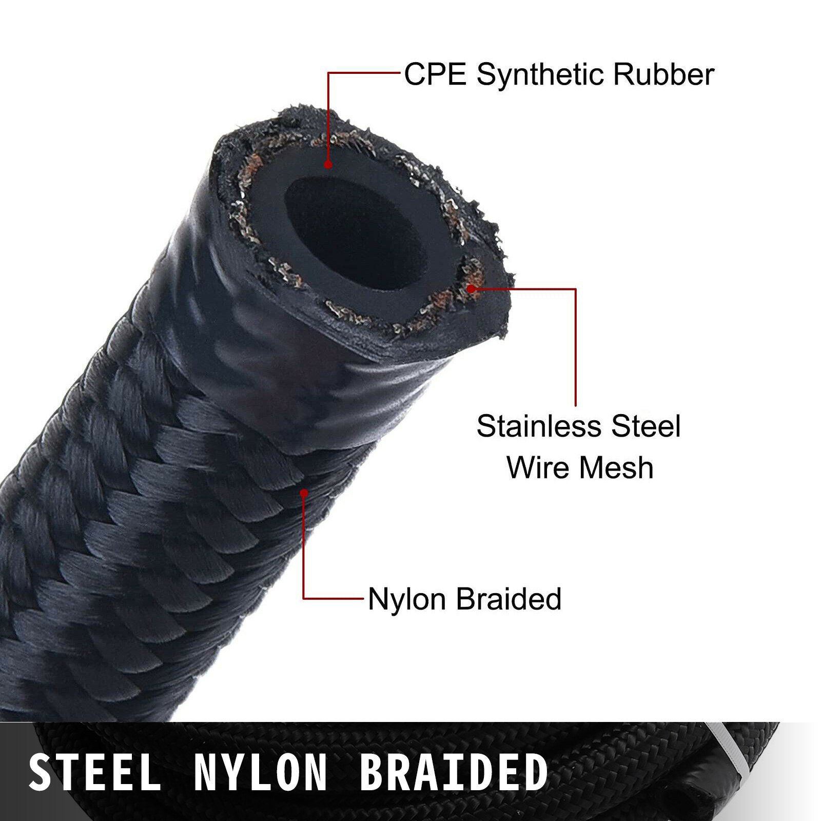 VEVOR 8AN Fuel Line Kit, 32.8' Nylon Stainless Steel Braided Oil Line Hose ID. 11.11 mm/ 0.44 in, with 20 pcs 8AN Universal Fitting Adapter Set with Aluminum Hose End, Black