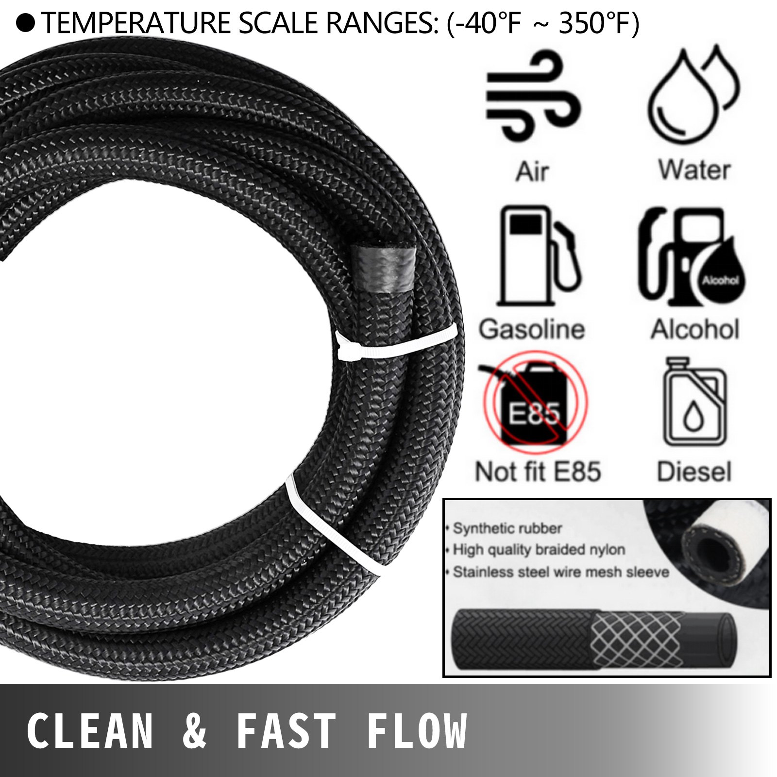 VEVOR 8AN Fuel Line Kit, 32.8' Nylon Stainless Steel Braided Oil Line Hose ID. 11.11 mm/ 0.44 in, with 20 pcs 8AN Universal Fitting Adapter Set with Aluminum Hose End, Black