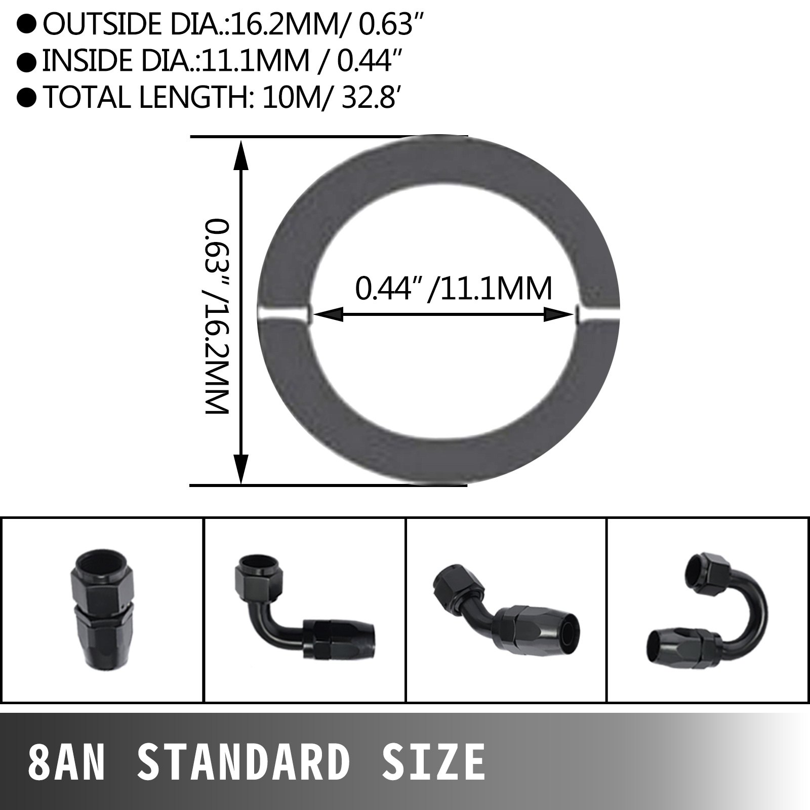 VEVOR 8AN Fuel Line Kit, 32.8' Nylon Stainless Steel Braided Oil Line Hose ID. 11.11 mm/ 0.44 in, with 20 pcs 8AN Universal Fitting Adapter Set with Aluminum Hose End, Black