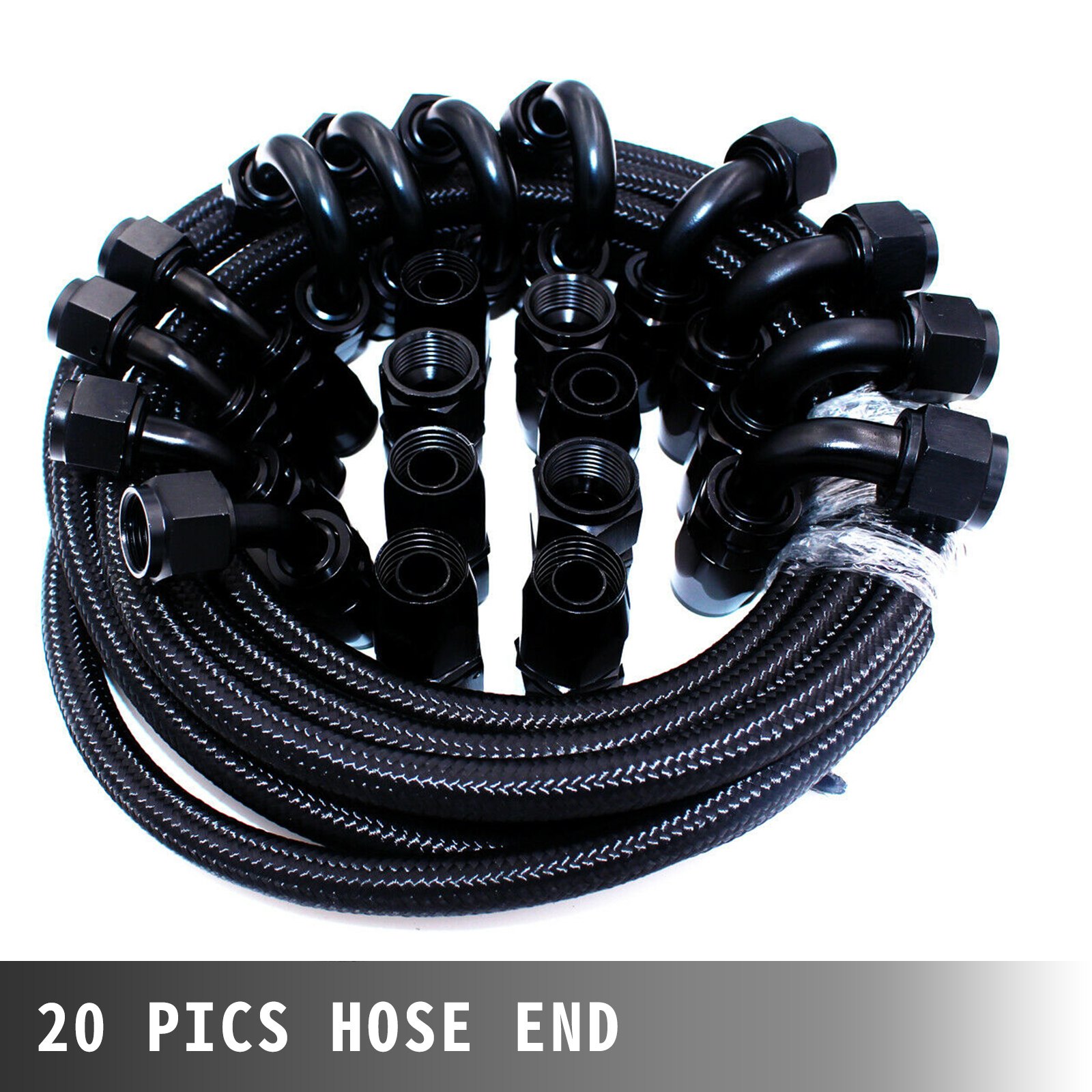 VEVOR 8AN Fuel Line Kit, 32.8' Nylon Stainless Steel Braided Oil Line Hose ID. 11.11 mm/ 0.44 in, with 20 pcs 8AN Universal Fitting Adapter Set with Aluminum Hose End, Black
