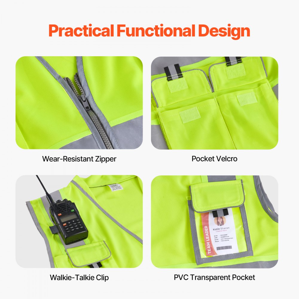 VEVOR Safety Vest, 10 Pockets Yellow Safety Vest, High Visibility Zipper Front Safety Vest with Reflective Strips, Hi Vis Work Construction Vest with Pockets and Walkie-Talkie Clip, for Men & Woman