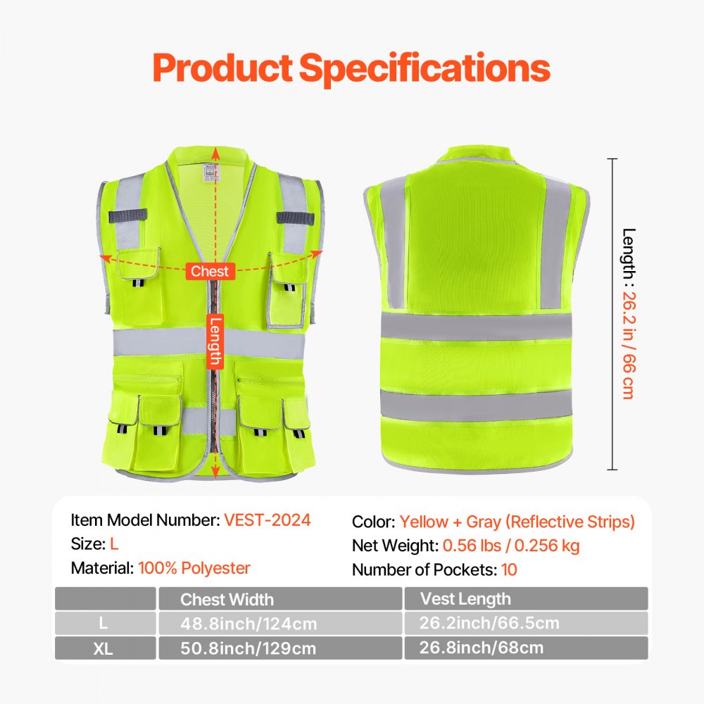 VEVOR Safety Vest, 10 Pockets Yellow Safety Vest, High Visibility Zipper Front Safety Vest with Reflective Strips, Hi Vis Work Construction Vest with Pockets and Walkie-Talkie Clip, for Men & Woman