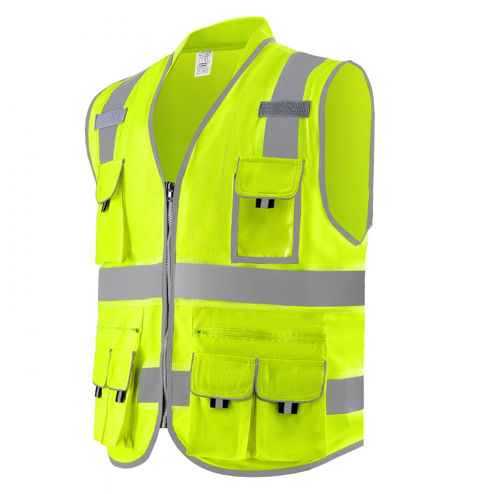 VEVOR Safety Vest, 10 Pockets Yellow Safety Vest, High Visibility Zipper Front Safety Vest with Reflective Strips, Hi Vis Work Construction Vest with Pockets and Walkie-Talkie Clip, for Men & Woman