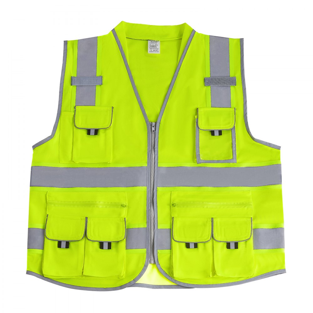 VEVOR Safety Vest, 10 Pockets Yellow Safety Vest, High Visibility Zipper Front Safety Vest with Reflective Strips, Hi Vis Work Construction Vest with Pockets and Walkie-Talkie Clip, for Men & Woman