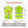 VEVOR Safety Vest, 10 Pockets Yellow Safety Vest, High Visibility Zipper Front Safety Vest with Reflective Strips, Hi Vis Work Construction Vest with Pockets and Walkie-Talkie Clip, for Men & Woman