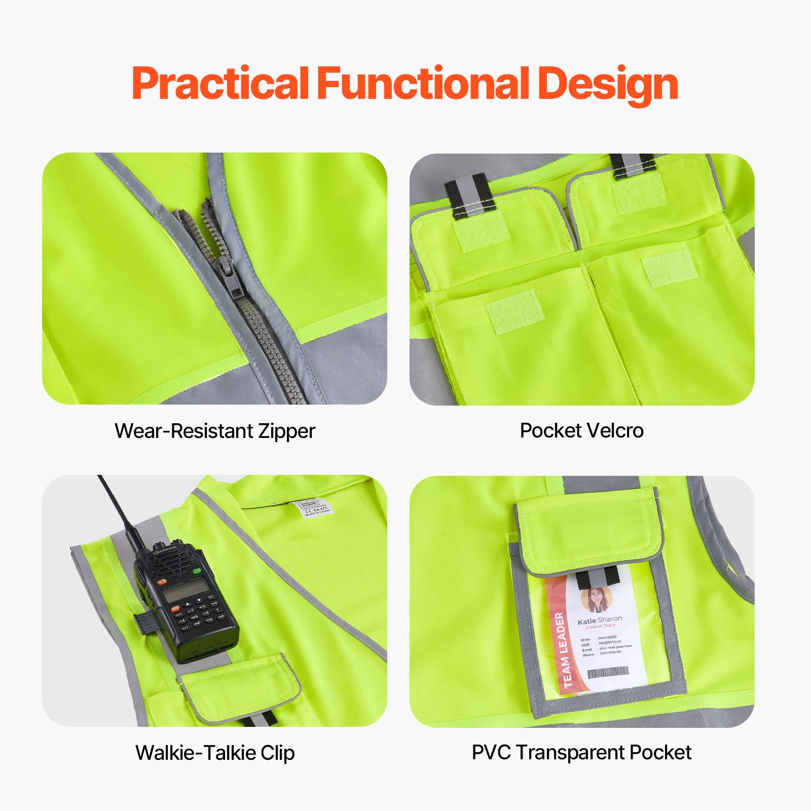 VEVOR Safety Vest, 10 Pockets Yellow Safety Vest, High Visibility Zipper Front Safety Vest with Reflective Strips, Hi Vis Work Construction Vest with Pockets and Walkie-Talkie Clip, for Men & Woman