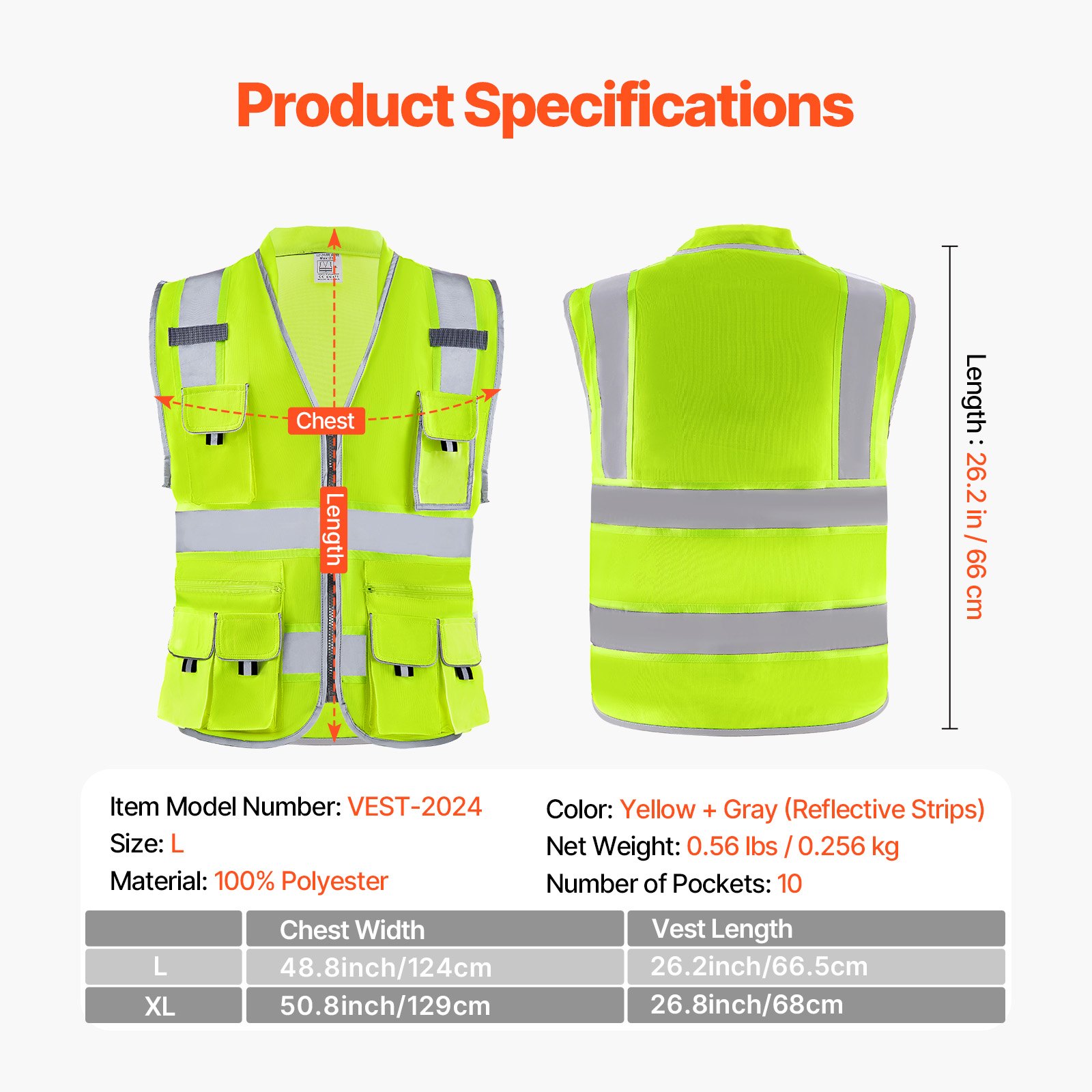 VEVOR Safety Vest, 10 Pockets Yellow Safety Vest, High Visibility Zipper Front Safety Vest with Reflective Strips, Hi Vis Work Construction Vest with Pockets and Walkie-Talkie Clip, for Men & Woman
