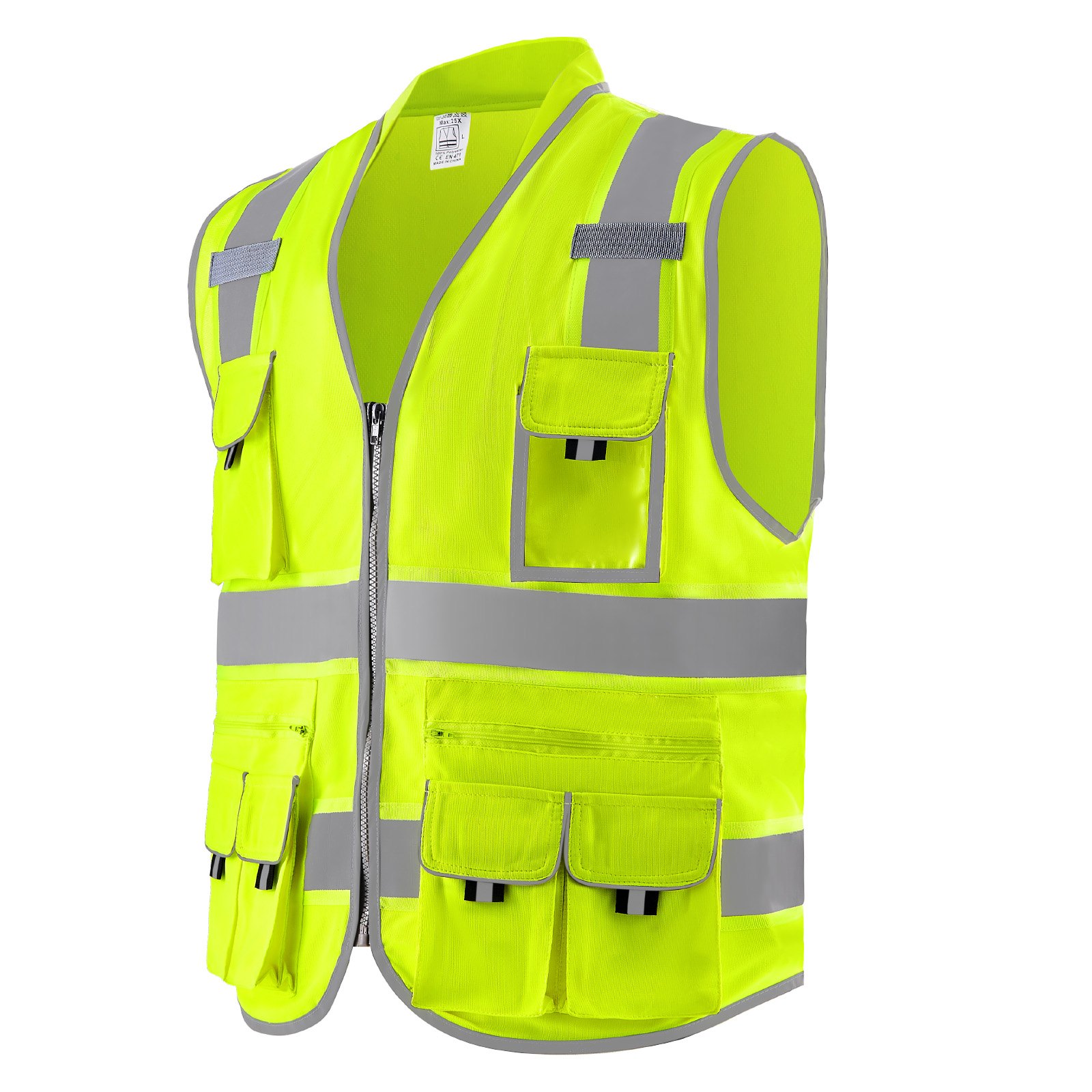 VEVOR Safety Vest, 10 Pockets Yellow Safety Vest, High Visibility Zipper Front Safety Vest with Reflective Strips, Hi Vis Work Construction Vest with Pockets and Walkie-Talkie Clip, for Men & Woman