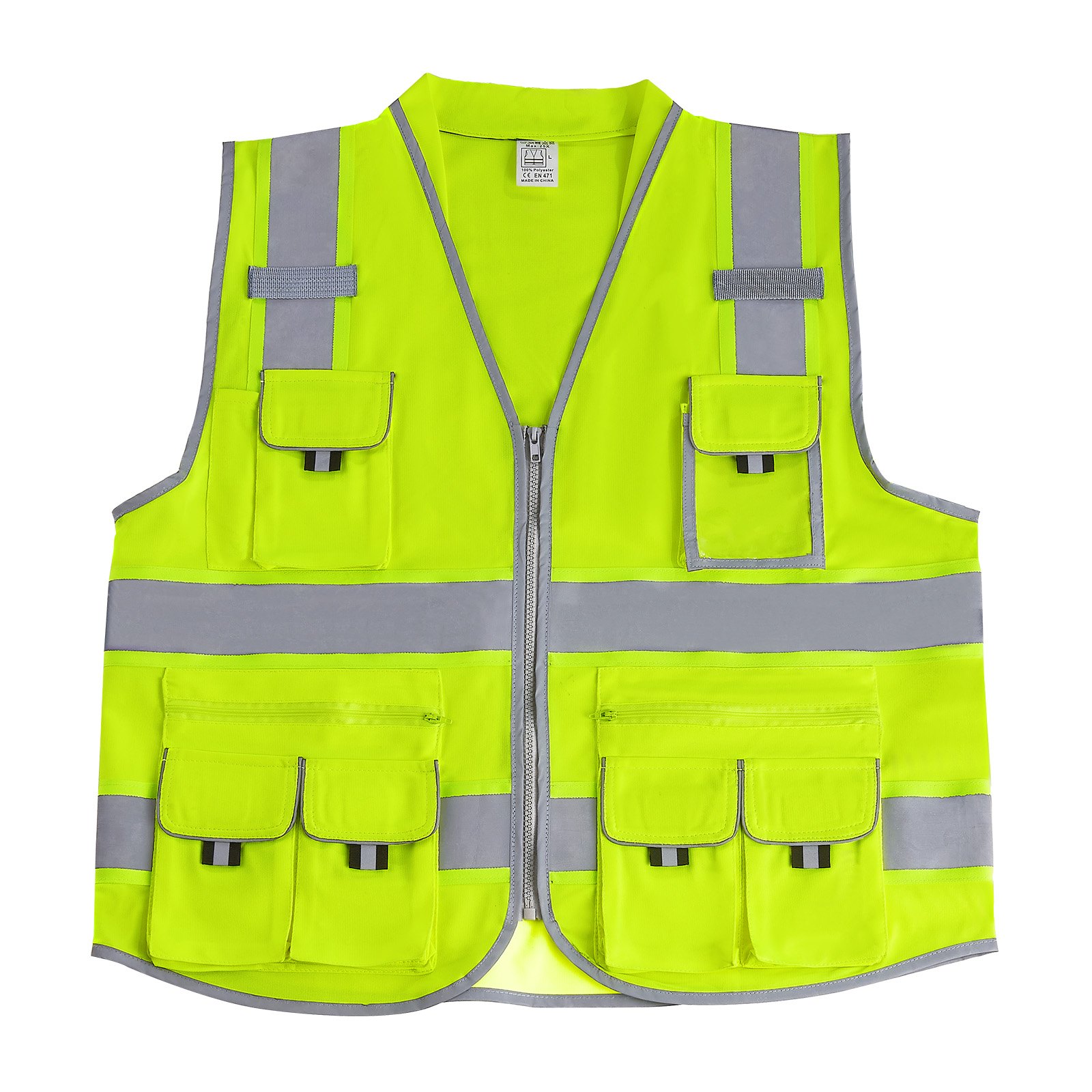 VEVOR Safety Vest, 10 Pockets Yellow Safety Vest, High Visibility Zipper Front Safety Vest with Reflective Strips, Hi Vis Work Construction Vest with Pockets and Walkie-Talkie Clip, for Men & Woman