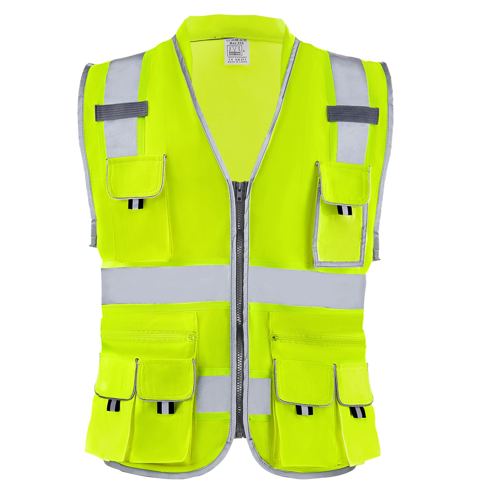 VEVOR Safety Vest, 10 Pockets Yellow Safety Vest, High Visibility Zipper Front Safety Vest with Reflective Strips, Hi Vis Work Construction Vest with Pockets and Walkie-Talkie Clip, for Men & Woman