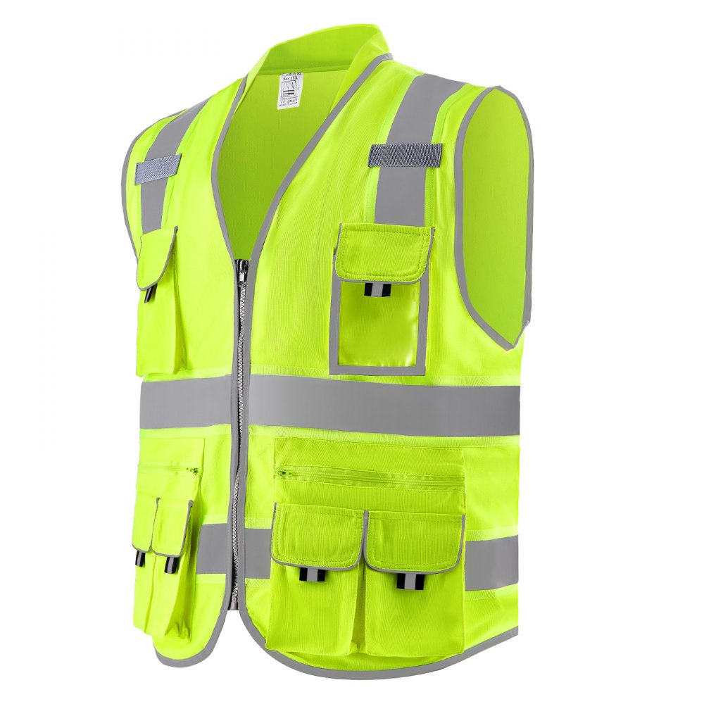 VEVOR Safety Vest, 10 Pockets Yellow Safety Vest, Hi Vis Zipper Front Safety Vest with Reflective Strips, High Visibility Work Construction Vest with Pockets and Walkie-Talkie Clip, for Men & Woman