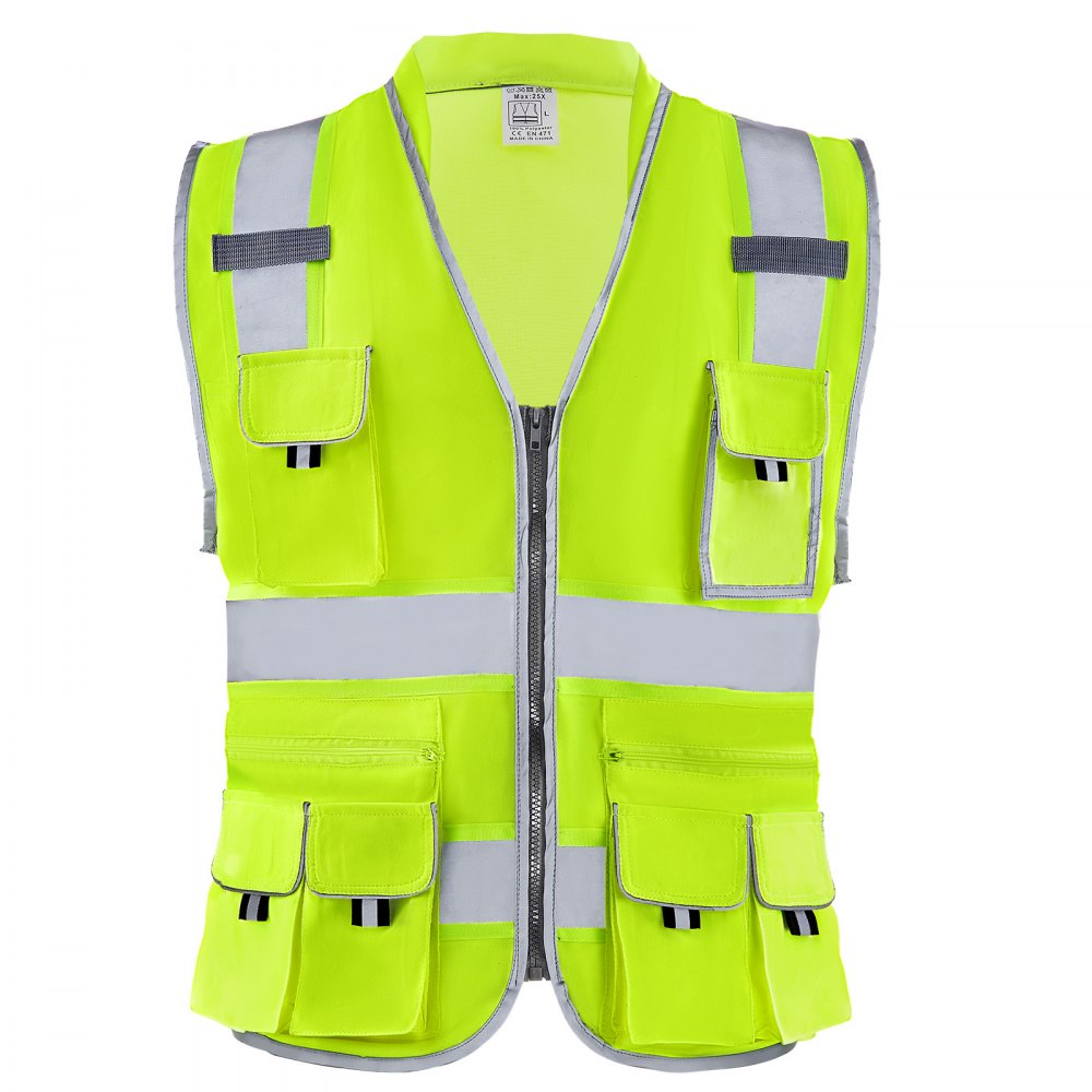 VEVOR Safety Vest, 10 Pockets Yellow Safety Vest, Hi Vis Zipper Front Safety Vest with Reflective Strips, High Visibility Work Construction Vest with Pockets and Walkie-Talkie Clip, for Men & Woman