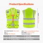 VEVOR Safety Vest, 10 Pockets Yellow Safety Vest, Hi Vis Zipper Front Safety Vest with Reflective Strips, High Visibility Work Construction Vest with Pockets and Walkie-Talkie Clip, for Men & Woman