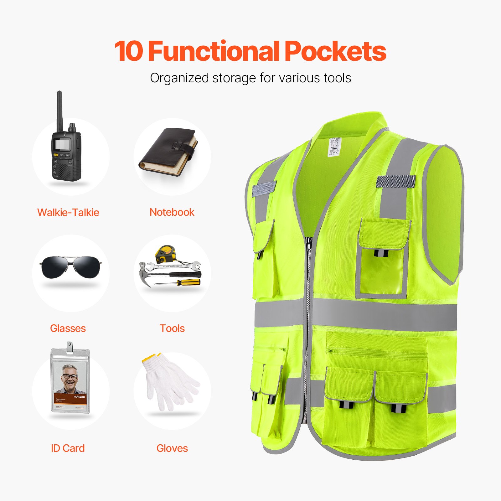 VEVOR Safety Vest, 10 Pockets Yellow Safety Vest, Hi Vis Zipper Front Safety Vest with Reflective Strips, High Visibility Work Construction Vest with Pockets and Walkie-Talkie Clip, for Men & Woman