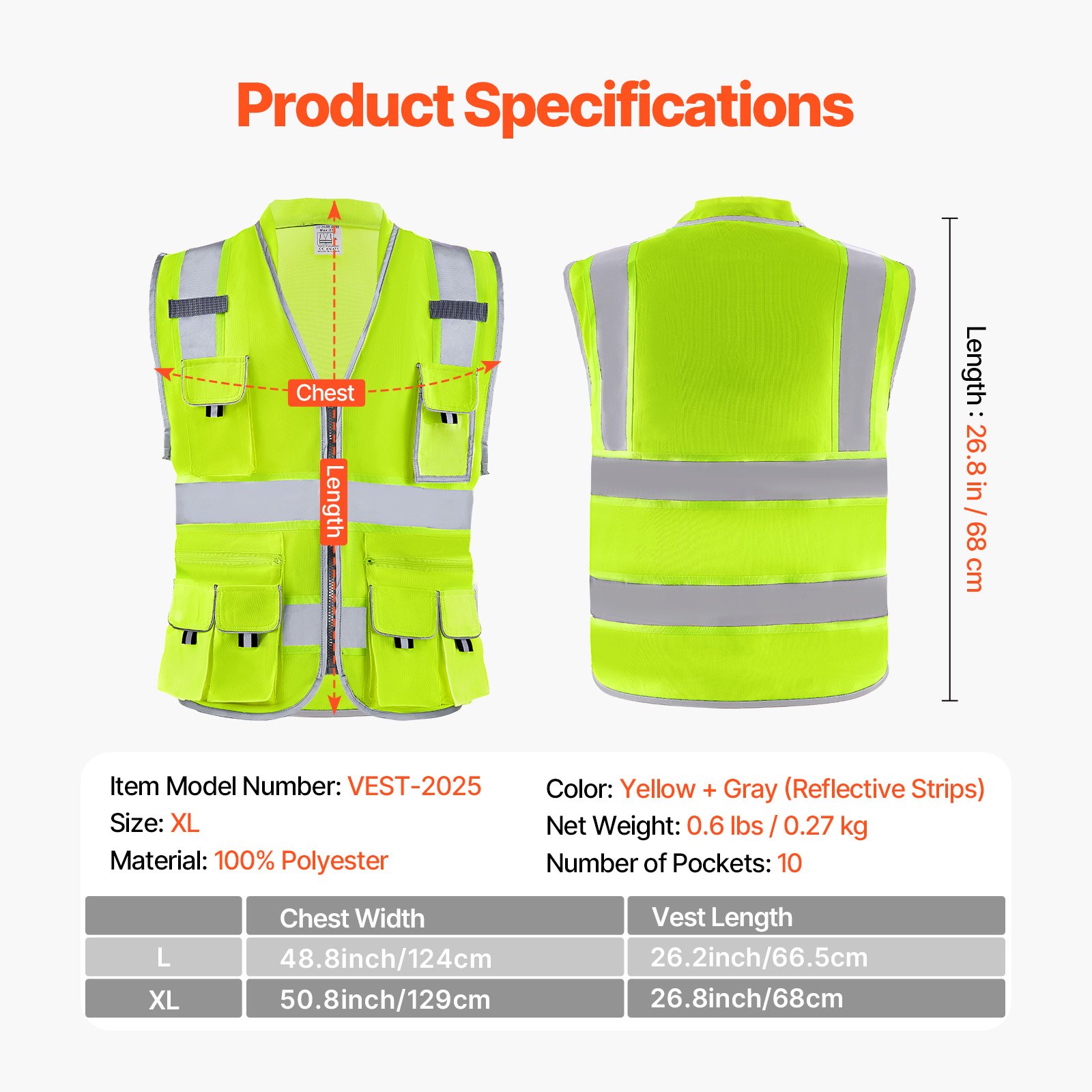 VEVOR Safety Vest, 10 Pockets Yellow Safety Vest, Hi Vis Zipper Front Safety Vest with Reflective Strips, High Visibility Work Construction Vest with Pockets and Walkie-Talkie Clip, for Men & Woman