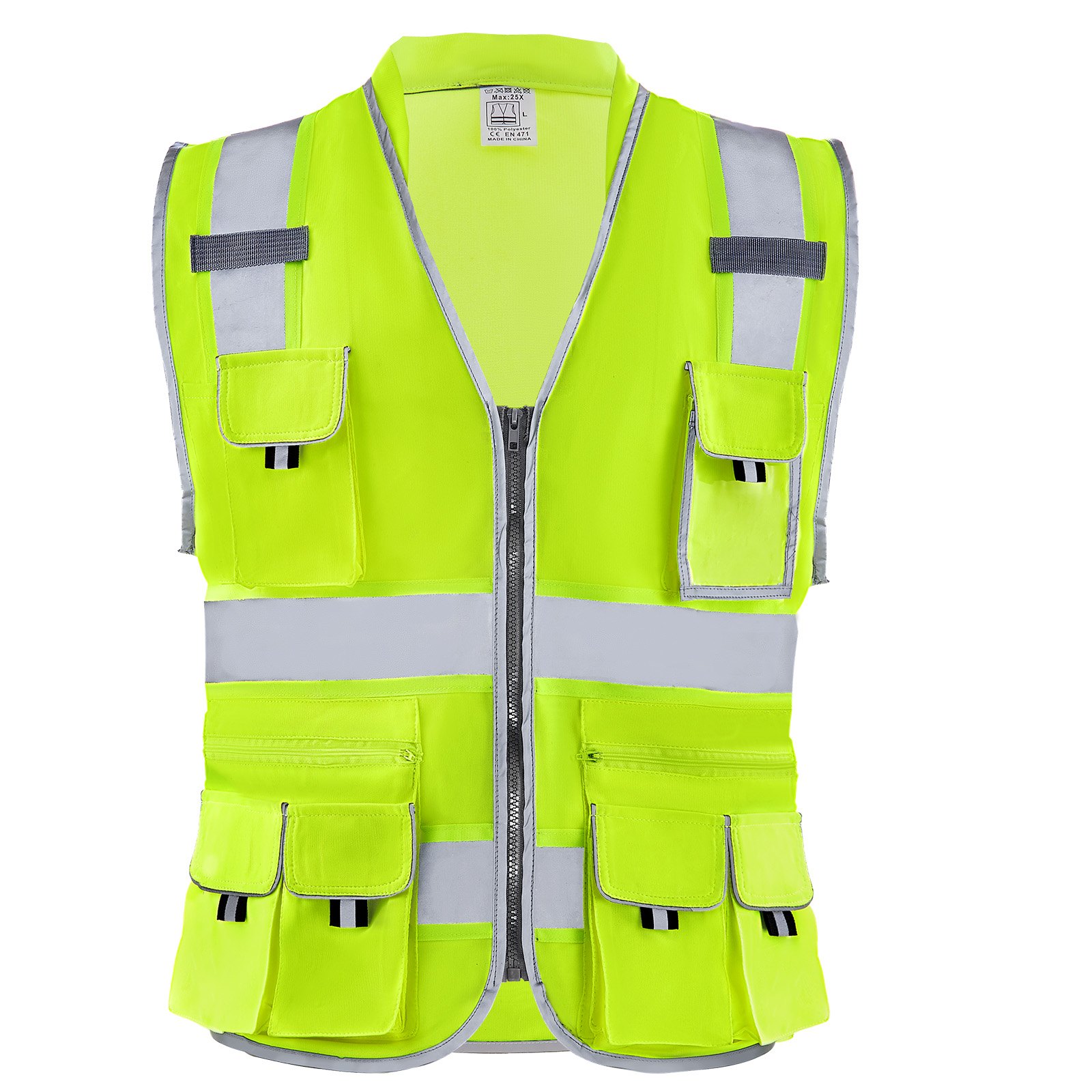 VEVOR Safety Vest, 10 Pockets Yellow Safety Vest, Hi Vis Zipper Front Safety Vest with Reflective Strips, High Visibility Work Construction Vest with Pockets and Walkie-Talkie Clip, for Men & Woman