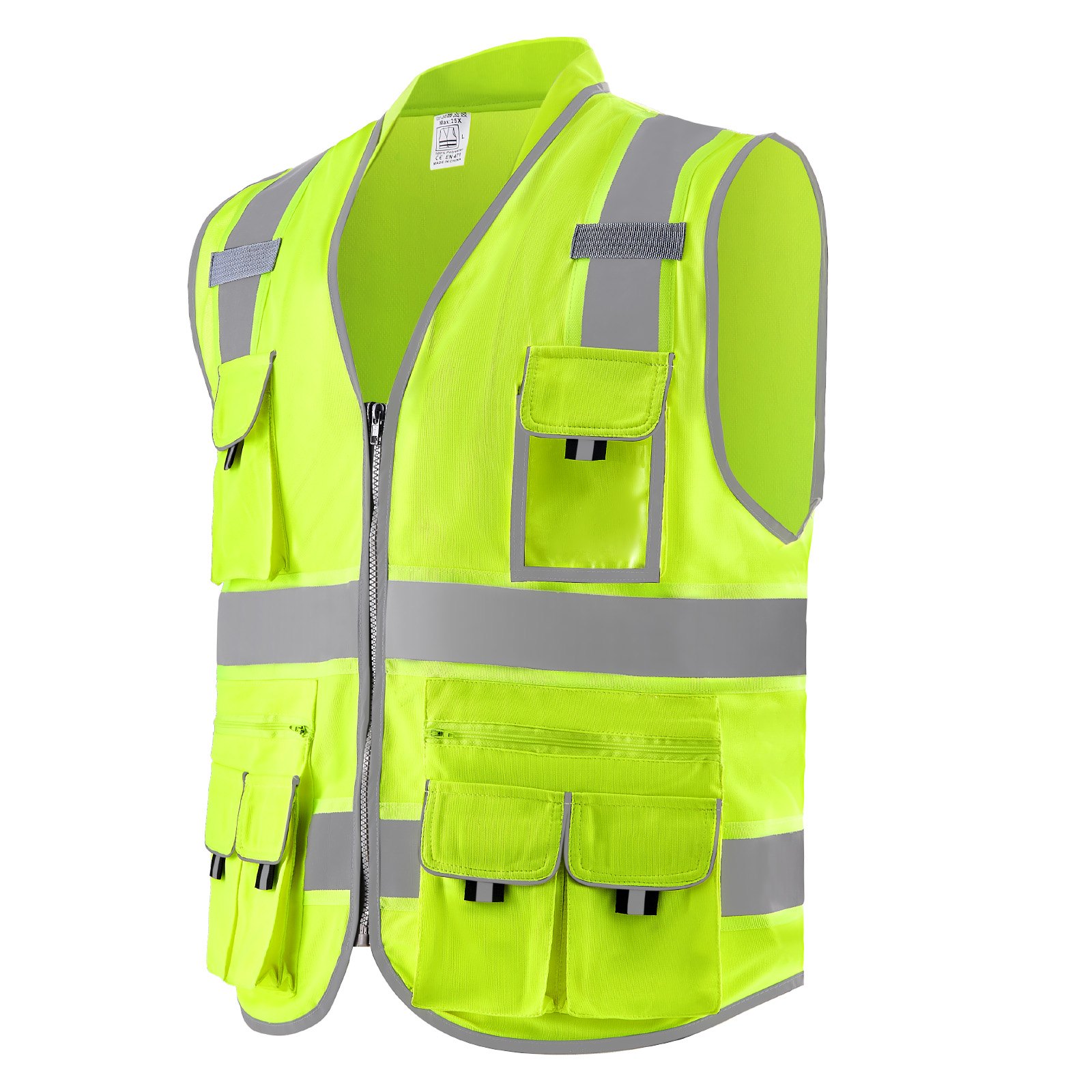 VEVOR Safety Vest, 10 Pockets Yellow Safety Vest, Hi Vis Zipper Front Safety Vest with Reflective Strips, High Visibility Work Construction Vest with Pockets and Walkie-Talkie Clip, for Men & Woman