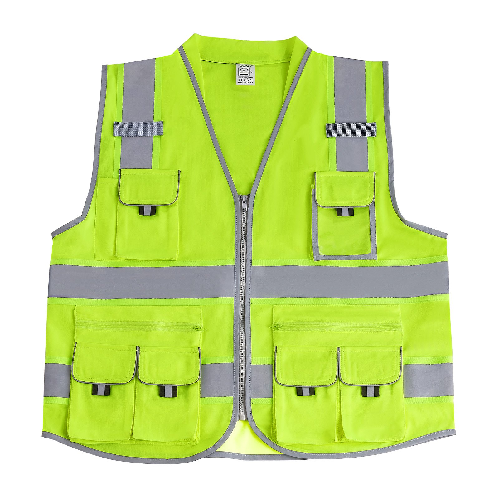 VEVOR Safety Vest, 10 Pockets Yellow Safety Vest, Hi Vis Zipper Front Safety Vest with Reflective Strips, High Visibility Work Construction Vest with Pockets and Walkie-Talkie Clip, for Men & Woman