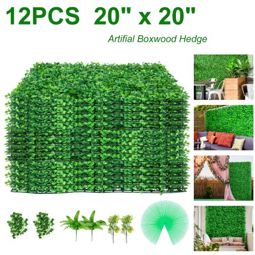 VEVOR Artificial Boxwood Panels, 12 PCS 20"x20" Boxwood Hedge Wall Panels, PE Artificial Grass Backdrop Wall 1.6\", Privacy Hedge Screen for Decoration of Outdoor, Indoor, Garden, Fence, and Backyar