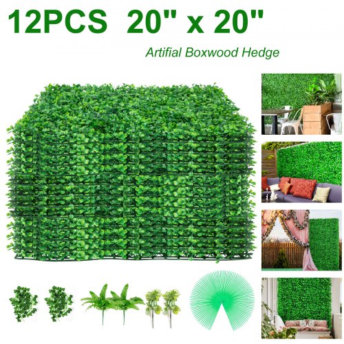 VEVOR Artificial Boxwood Panel UV 20" X 20" Boxwood Hedge Wall Panels, Artificial Grass Backdrop Wall 4 cm Green Grass Wall, Fake Hedge for Decor Privacy Fence Indoor, Outdoor Garden Backyard (12Pack)