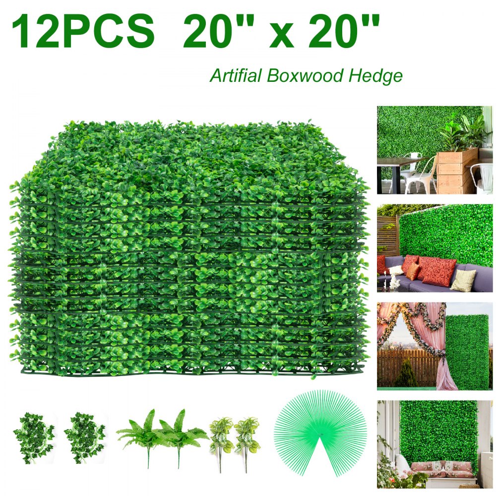 VEVOR Artificial Boxwood Panels, 12 PCS 20"x20" Boxwood Hedge Wall Panels, PE Artificial Grass Backdrop Wall 1.6", Privacy Hedge Screen for Decoration of Outdoor, Indoor, Garden, Fence, and Backyard