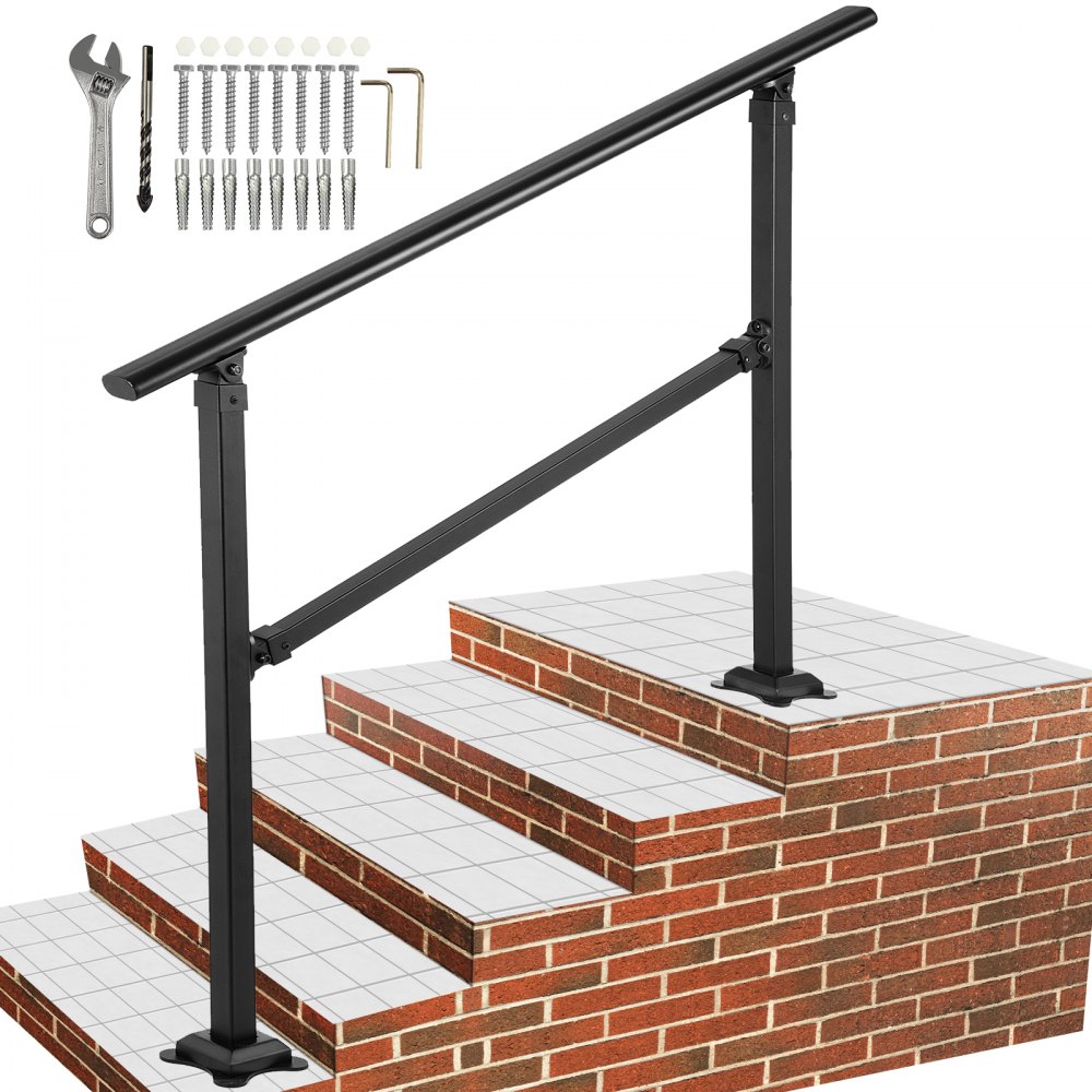VEVOR Barandilla de escalera exterior, se adapta a pasamanos de hierro forjado de transición de 0 a 5 escalones, barandilla de escalera exterior ajustable, pasamanos para escalones de hormigón con kit de instalación, pasamanos exterior negro mate