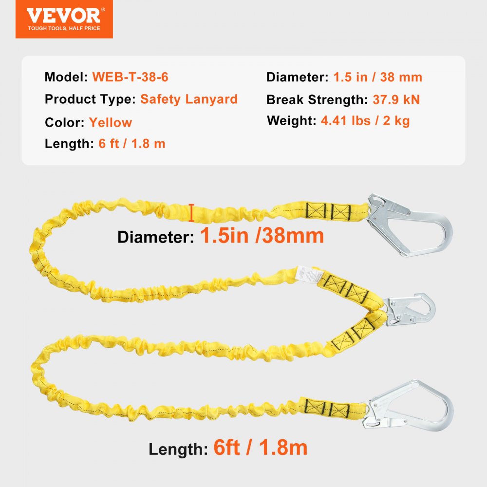 VEVOR 38mm Safety Lanyard, 6ft(1.83m) Fall Protection Lanyard with 2 Alloy Steel Snap Hooks, Retractable Safety Belt for Outdoor/Indoor Tree Climbing, 38KN Breaking Tension Lanyard, Yellow