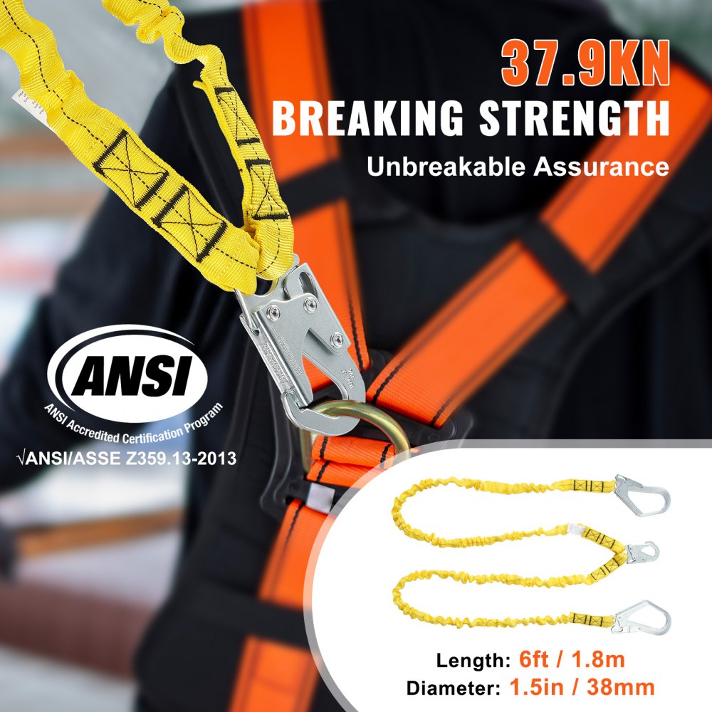 VEVOR 38mm Safety Lanyard, 6ft(1.83m) Fall Protection Lanyard with 2 Alloy Steel Snap Hooks, Retractable Safety Belt for Outdoor/Indoor Tree Climbing, 38KN Breaking Tension Lanyard, Yellow
