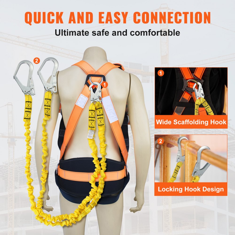 VEVOR 38mm Safety Lanyard, 6ft(1.83m) Fall Protection Lanyard with 2 Alloy Steel Snap Hooks, Retractable Safety Belt for Outdoor/Indoor Tree Climbing, 38KN Breaking Tension Lanyard, Yellow