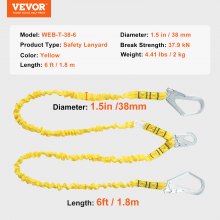 VEVOR 38mm Safety Lanyard, 6ft(1.83m) Fall Protection Lanyard with 2 Alloy Steel Snap Hooks, Retractable Safety Belt for Outdoor/Indoor Tree Climbing, 30KN Breaking Tension Lanyard, Yellow