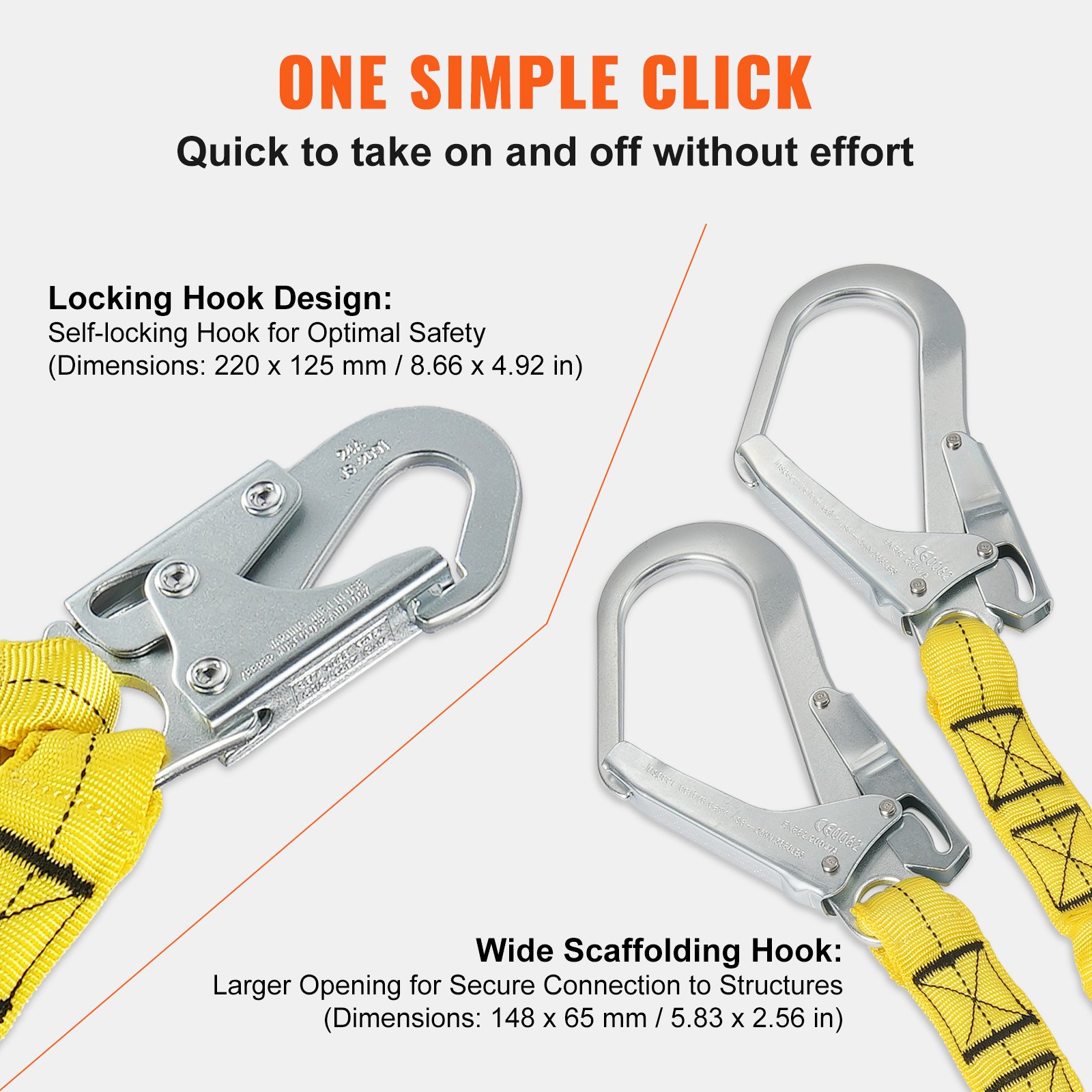 VEVOR 38mm Safety Lanyard, 6ft(1.83m) Fall Protection Lanyard with 2 Alloy Steel Snap Hooks, Retractable Safety Belt for Outdoor/Indoor Tree Climbing, 38KN Breaking Tension Lanyard, Yellow