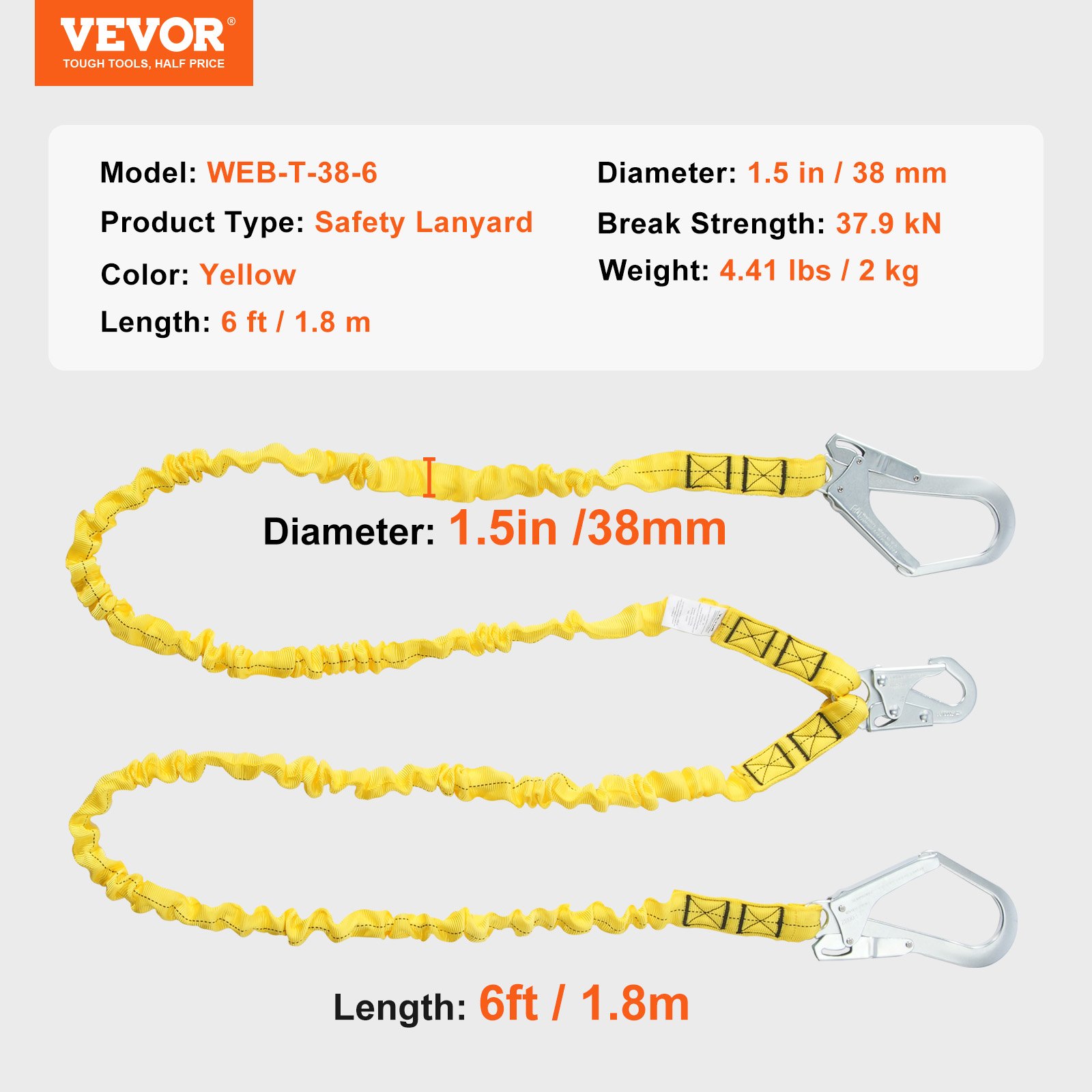 VEVOR 38mm Safety Lanyard, 6ft(1.83m) Fall Protection Lanyard with 2 Alloy Steel Snap Hooks, Retractable Safety Belt for Outdoor/Indoor Tree Climbing, 38KN Breaking Tension Lanyard, Yellow